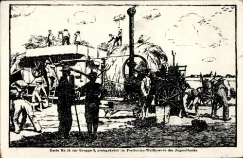 Ak Landwirtschaft, Heu, Maschine, Jugenddank, Soldaten