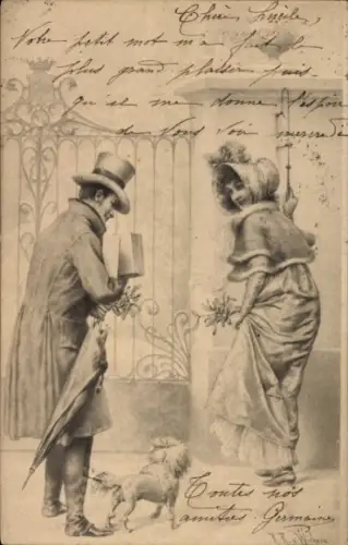 Künstler Ak v. Wichera, R. R., Schoßhund teilrasiert, Frau läutet Glocke, Mann