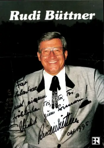Autogrammkarte Radiomoderator Rudi Büttner, Portrait, Autogramm