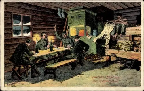 Künstler Ak Thiele, Arthur, Winterquartier, Soldaten, Kartenspiel