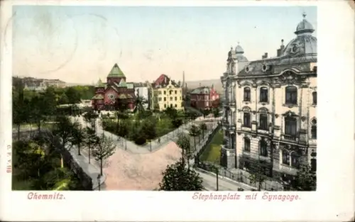 Judaika Ak Chemnitz Sachsen, Stephanplatz mit Synagoge