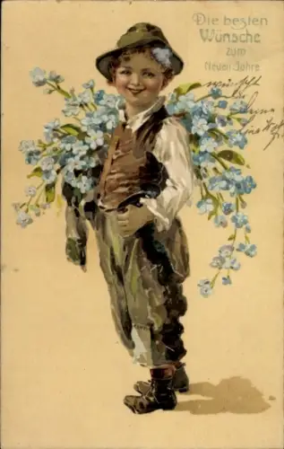 Ak Glückwunsch Neujahr, Kind, Blumen, Vergissmeinnicht