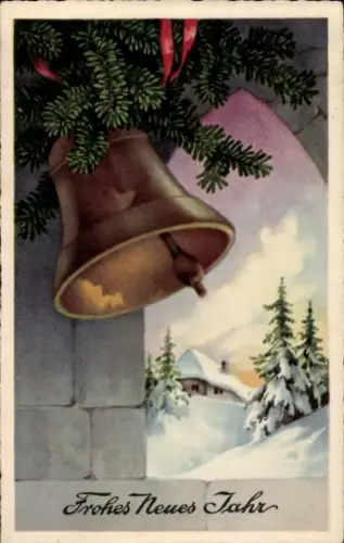 Litho Glückwunsch Neujahr, Dorfidyll, Glocke