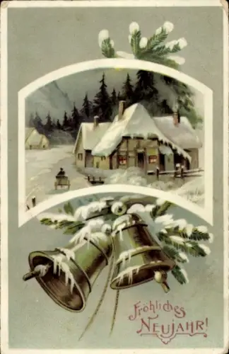 Litho Glückwunsch Neujahr, Dorfidyll, Glocke