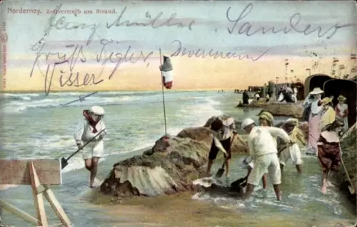 Ak Nordseebad Norderney Ostfriesland,  Strand, Menschen am Wasser, Schaufeln, Flagge