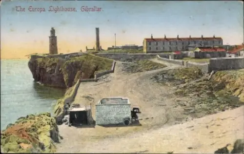 Ak Gibraltar, Europa Leuchtturm, Küstenlandschaft, Gebäude, Weg, Meer