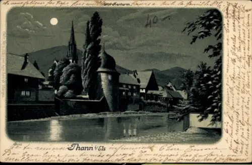 Ak Thann Elsass Haut Rhin, Storchenturm, Fluss, Bäume, Berge, Mond, 