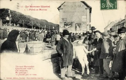 Ak Morvan Nièvre, Marktveranstaltung, Kühe, Menschenmenge, Text in Französisch