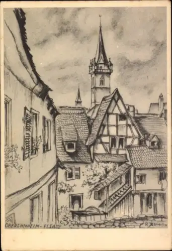 Künstler Ak Reimesch, Obernai Oberehnheim Elsass Bas Rhin, Kirchturm, Häuser