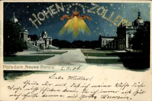 Litho Potsdam in Brandenburg, Neues Palais, Nachtansicht, Hohenzollern, Sterne