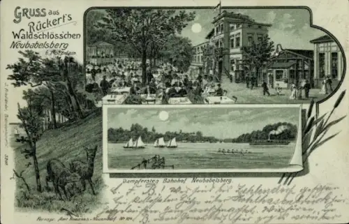 Mondschein Litho Neubabelsberg Potsdam, Rückerts Waldschlösschen, Dampfersteg Bahnhof