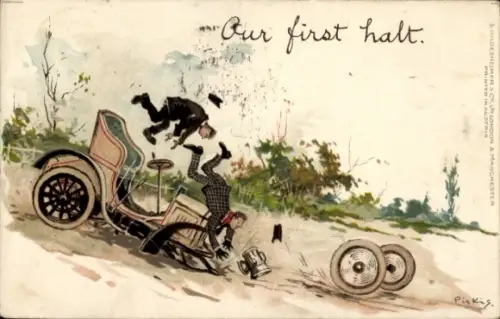Künstler Ak Autounfall, Erster Halt, Automobil