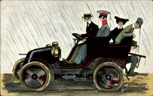 Künstler Ak Autofahrt im Regen, Automobil