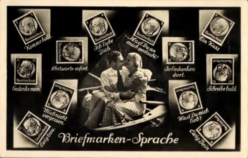 Briefmarken Ak Briefmarkensprache, Liebespaar im Ruderboot, Komme bald