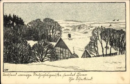 Künstler Ak Verschneite Landschaft, Haus