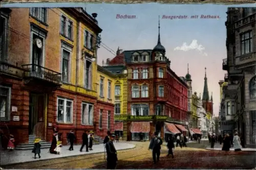 Ak Bochum im Ruhrgebiet,  Bongardstraße, Rathaus, Menschen auf der Straße, Geschäfte