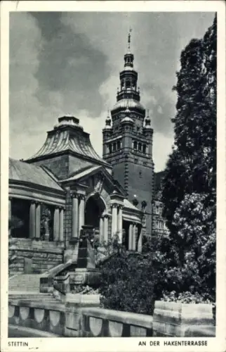 Ak Szczecin Stettin Pommern,  An der Hakenterrasse, Turm, Bäume