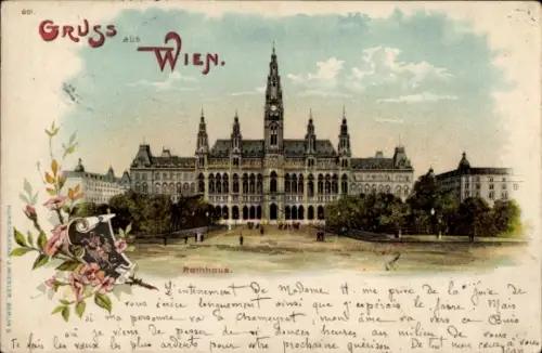 Litho Wien 1. Innere Stadt, Blick auf das Rathaus, Wappen