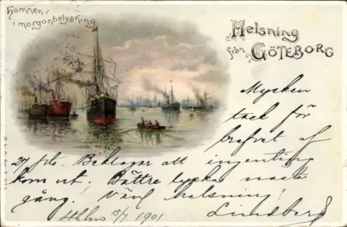 Litho Göteborg Schweden, Hafen im Morgenlicht