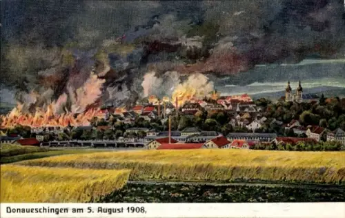 Künstler Ak Donaueschingen im Schwarzwald, Brand der Stadt 5. August 1908, Stadtplan