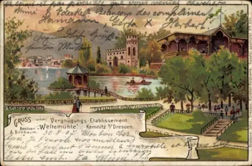 Litho Dresden Cotta Kemnitz Weltemühle, Vergnügungs-Etablissement Weltemühle, Inh. A. Birnbaum