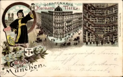 Litho München, Warenhaus Hermann Tietz, Münchner Kindl mit Bierkrug