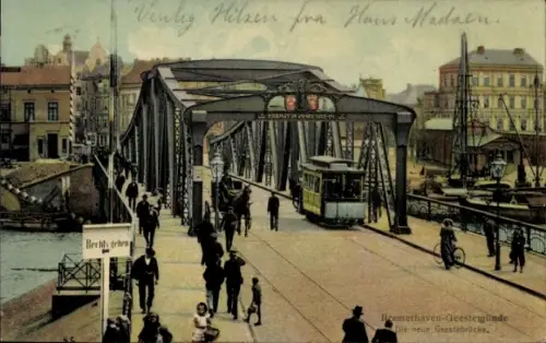 Ak Geestemünde Bremerhaven, neue Geestebrücke, Straßenbahn