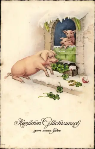 Ak Glückwunsch Neujahr, Schweinchen, Glücksklee, Hufeisen