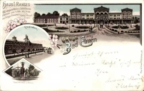 Litho Bad Elmen Bad Salzelmen Schönebeck an der Elbe, Kurhaus, Gradierwerk, Erlenbad