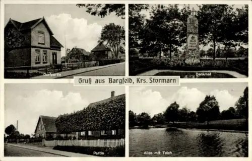 Ak Bargfeld Kreis Stormarn Bargfeld-Stegen, Geschäftshaus J. Siemers, Denkmal, Teich, Allee