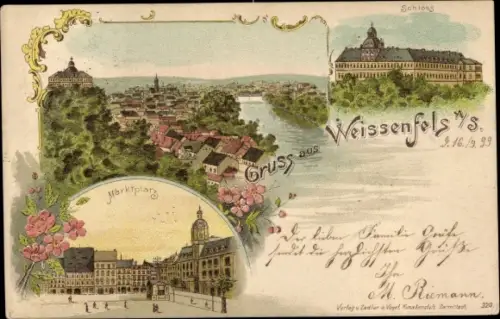 Litho Weißenfels an der Saale, Schloss, Marktplatz, Totalansicht
