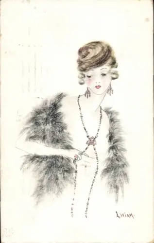 Künstler Ak Liriam, Damenportrait, Pelzstola, Kette, Handgemalt
