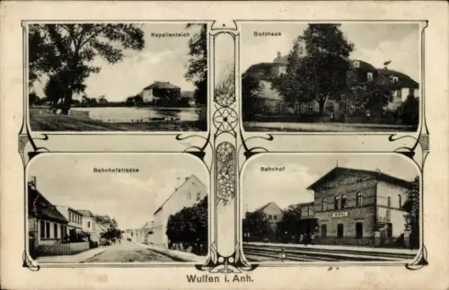Ak Wulfen Osternienburger Land in Anhalt, Kapellenteich, Gutshaus, Bahnhofstraße, Bahnhof