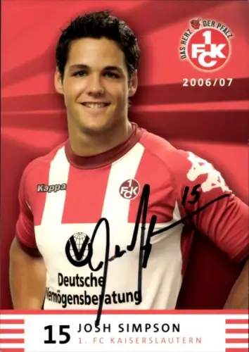 Autogrammkarte Fußballer Josh Simpson, 1. FC Kaiserslautern, Autogramm