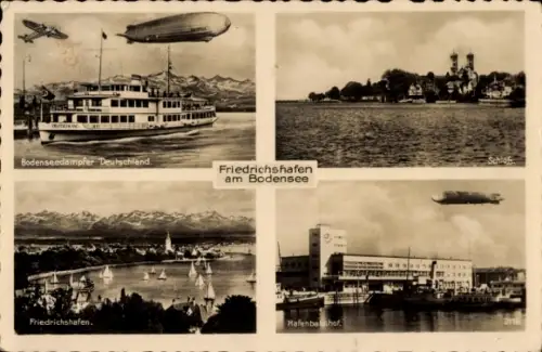 Ak Friedrichshafen am Bodensee, Bodenseedampfer Deutschland, Zeppelin, Hafenbahnhof, Ort, Schloss