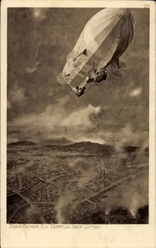 Künstler Ak Diemer, Zeno, Liège Lüttich Wallonien, deutscher Zeppelin über der Stadt, I. WK