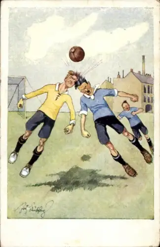 Künstler Ak Schönpflug, F., Fußballspiel, Ongelukkige samenloop