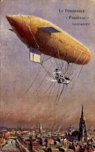 Künstler Ak Störhase, Hans, unstarres Motor Luftschiff, Parseval Ballon