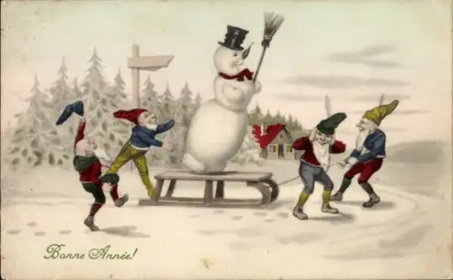 Ak Glückwunsch Neujahr, Schneemann, Zwerge, Schlitten
