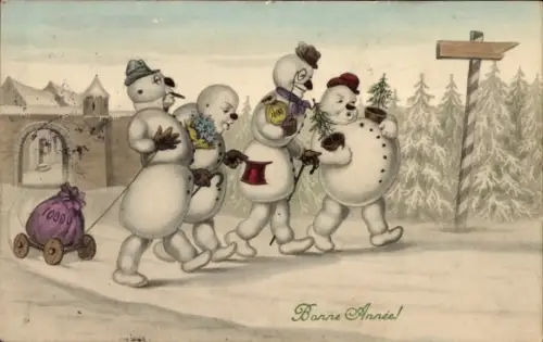 Ak Glückwunsch Neujahr, vermenschlichte Schneemänner, Geldsack