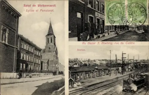 Ak Welkenraedt Wallonien Lüttich, Eglise, Pensionat, Rue du Centre, Au Bazar, Station