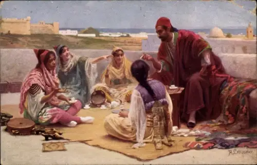 Künstler Ak Leinweber, Auf der Terrasse, Maghreb, Teppich, Gespräch