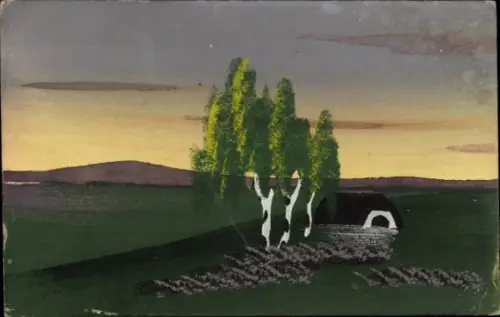 Handgemalt Ak Landschaft, Birken