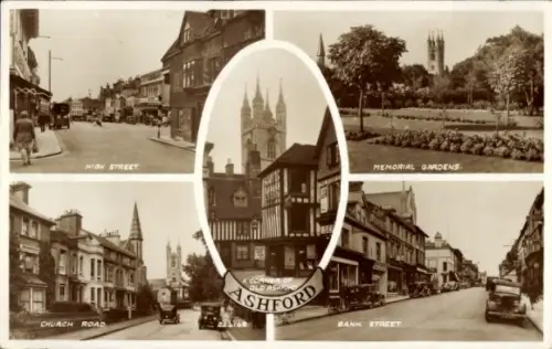 Ak Ashford Kent England, Verschiedene Straßenansichten, Memorial Gardens,   Autos