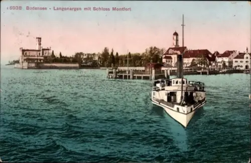 Ak Langenargen am Bodensee, Bodensee,  Schloss Montfort, Boot auf dem Wasser