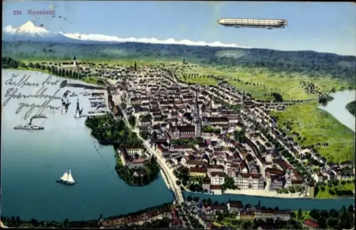 Ak Konstanz am Bodensee, Luftaufnahme von  Zeppelin, Bodensee, Stadtansicht, Schiffe
