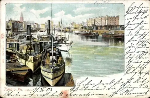 Ak Cöln Köln am Rhein, Hafenansicht  Boote, Wasser, Gebäude im Hintergrund