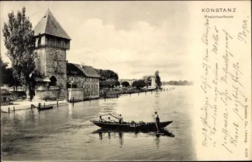 Ak Konstanz am Bodensee, Rheinthorthurm,  Fluss, Boot, 1923