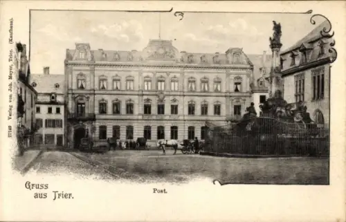 Ak Trier an der Mosel, Historisches Gebäude, Pferdewagen, Menschen, Gruss aus Trier