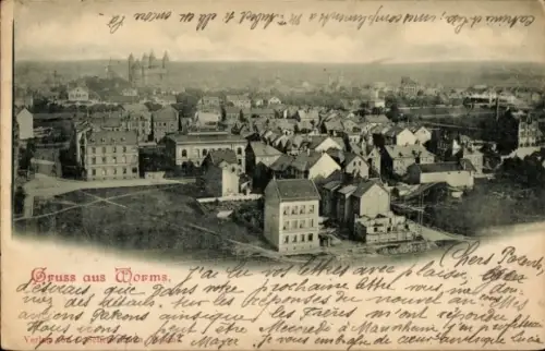 Ak Worms am Rhein, Luftaufnahme von  Häuser, Text in Französisch